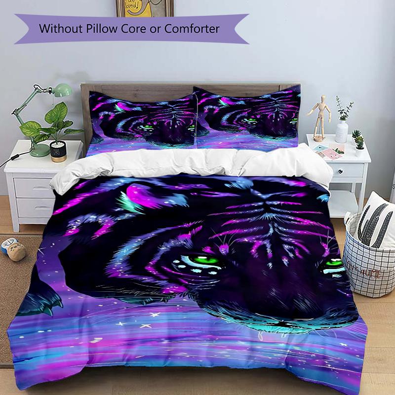 

3pcs Glowing Tiger Galaxy Print Comforter Set with One Quilt Cover and Two Pillow Shams (No Core) - Perfect for Bedroom Decor, Festival Gifts, Polyest 135x200cm