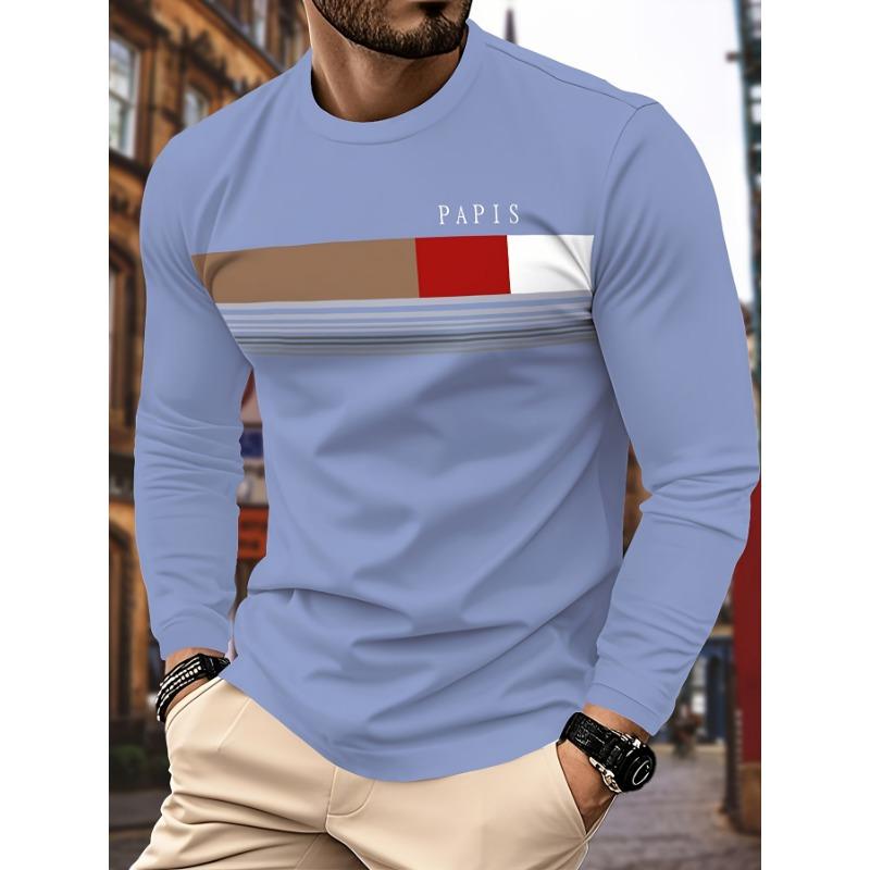 3 Men's Casual Long Sleeved T-shirts - Geometric Pattern, Round Neck Casual Wear, Daily T-shirt
