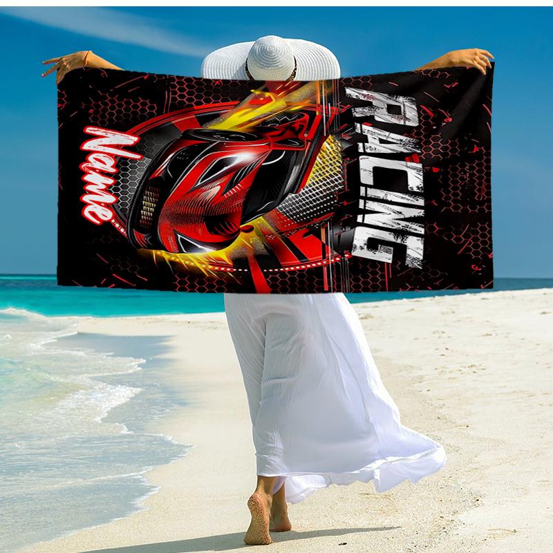 Custom Name Ultra-Soft Beach Towel with Racing Theme,Ideal for Pool - Camping, Diving - Perfect Travel Essential, Vibrant Beach Towel.