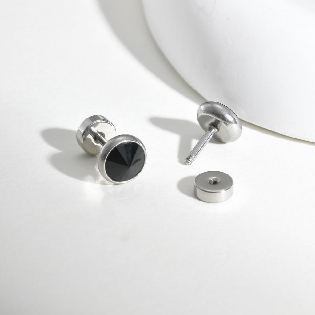 Vnox Multi-faced Cut Zircon Stone Earrings for Men Boys, Screw Back Stud Barbell Shaped Earrings,Black Stainless Steel Jewelry