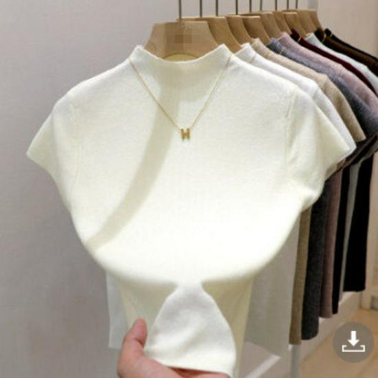 Women's Summer 2026 Elegant Short Sleeve Solid Color High Collar Slim Fit Knit Top