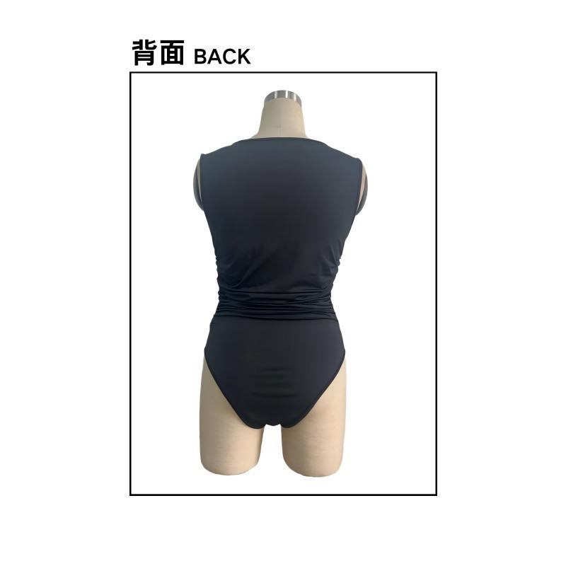 Women Black Sleeveless Oblique Shoulder Metal Buckle Slim Waist Fitted Bodysuit