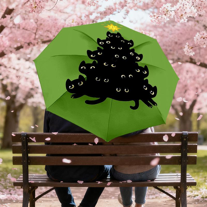 Black Cat Christmas Tree Umbrella: A Unique, Festive Design for Outdoor Adventures - Auto-Open/Close, Lightweight & Durable