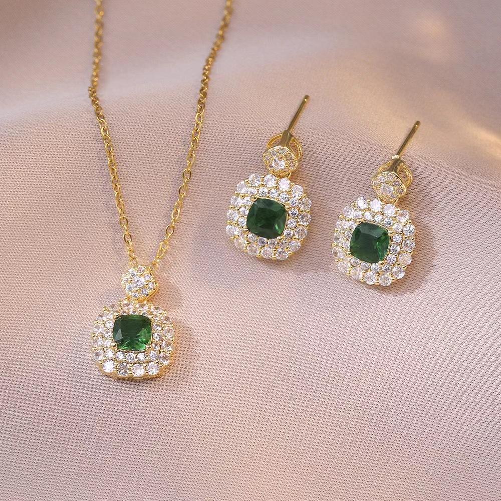 Luxury Simple Double Heart-shaped Necklace Earrings Sets Exquisite Zircon Ear Studs Pendant Chain Women's Wedding Jewelry Gifts