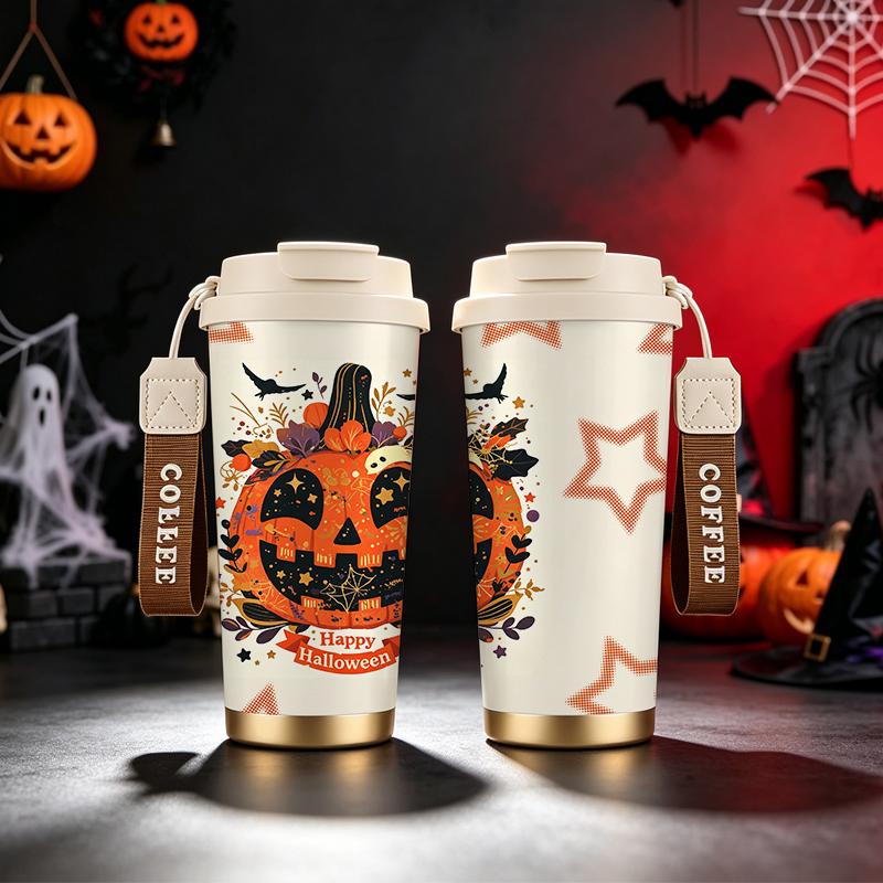 532ml Coffee Cup Halloween Vintage Flower Pumpkin Star MotifCar Portable Cup Metal Travel Cup Holiday Creative Cup