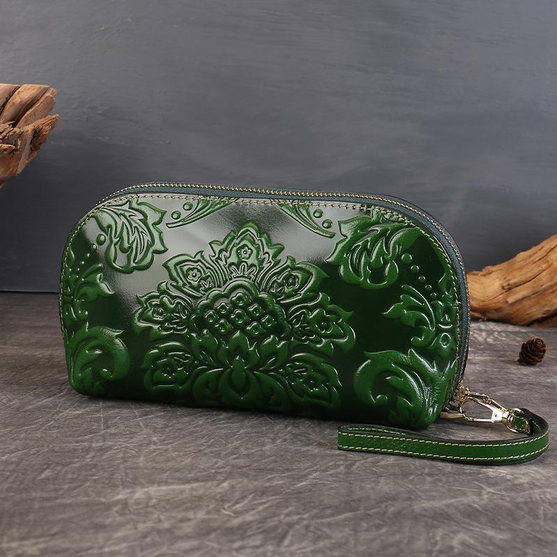 Embroidered Phone Case with Embossed Pattern Handbag for Ladies, Genuine Leather Zero Wallet Bag