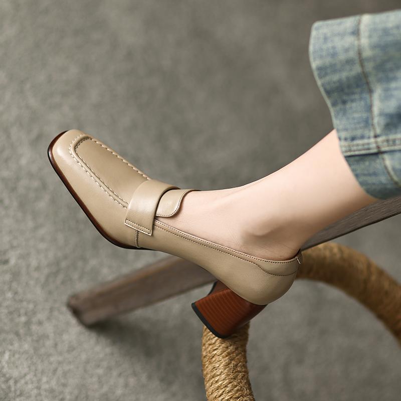Fashion 2025 Spring New Cow Leather Women Shoes LEISURE Women Slip-On Shallow Pumps Square Toe High Heels Shoes Women Zapatos De Mujer