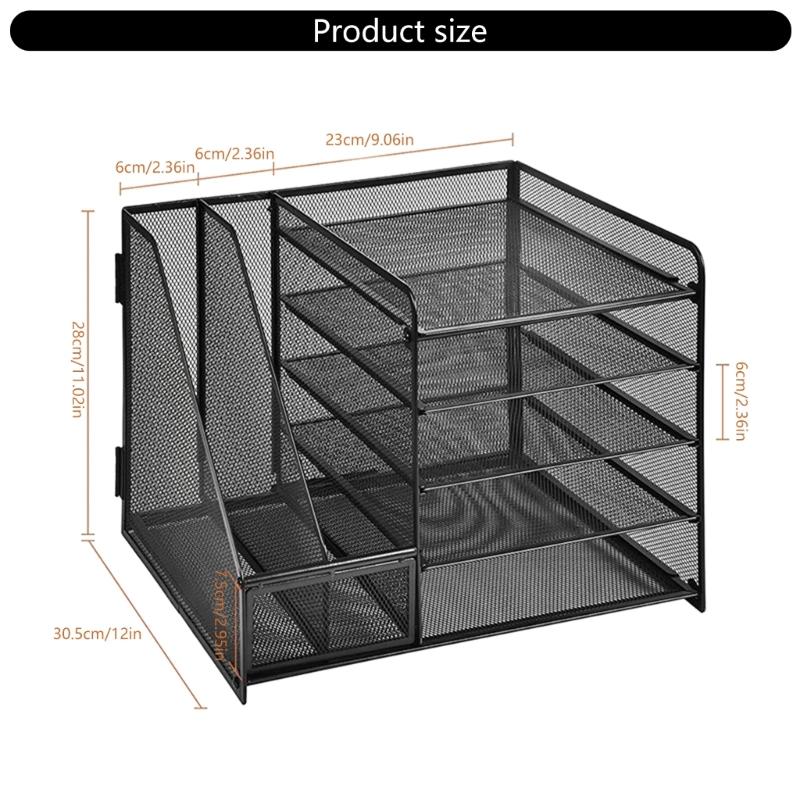 5-Tiered Metal File Letter Tray with Magazine Stand Multifunctional Desk Document Organiser For Office School Supplies