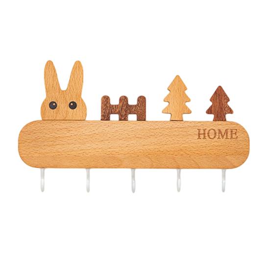 Natural Wood Key Organizer Wooden Holder with 5 Hooks, Cartoon House Theme Organizer, Multi No Drill Hanger Purpose Hanging Rack for Keys Pet Leashes
