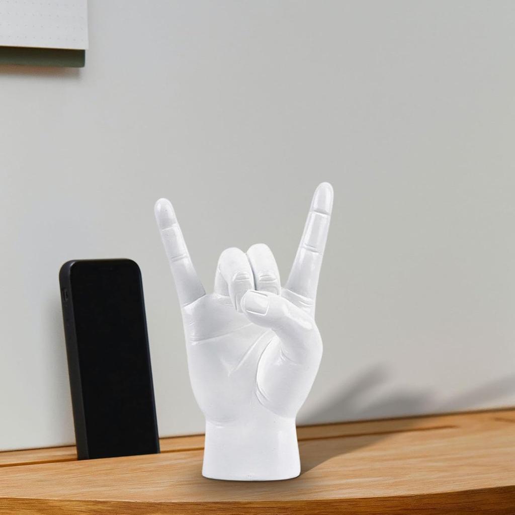 Rock Hand Gesture Statue, Finger Sculpture, Decorative Hand Sign, White Right