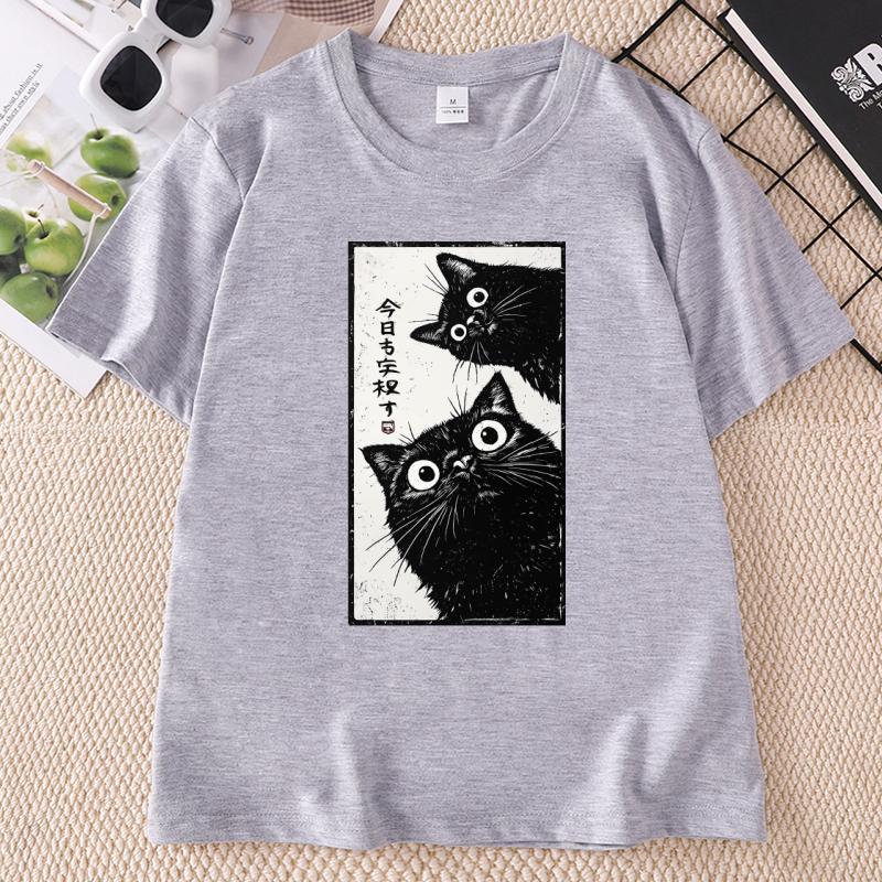 Japanese Cat TShirt Unisex Unisex Tokyo Aesthetic T Shirt Black Cat Tee Casual Cotton Short Sleeve Printed Tshirts Unisex Clothes