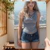 New Trendy HD Metal Wall Art  Beautiful Young Woman In Gray Tank Top and Denim Shorts Smiling On Balcony with City View D Fla