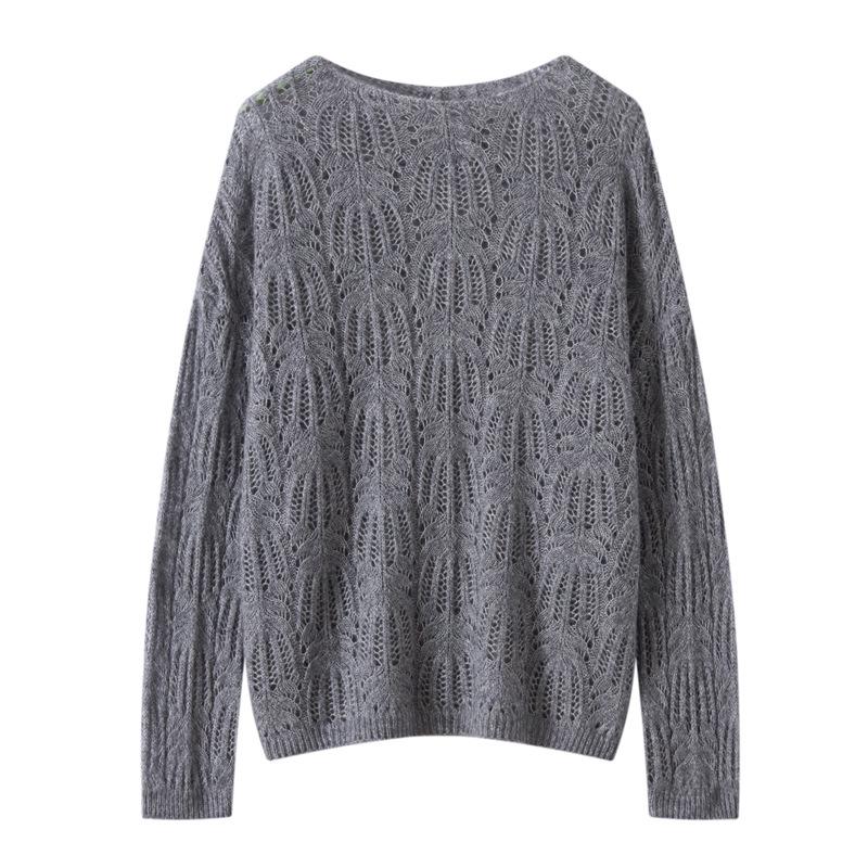 Korean Style Women's Cashmere Lyocell Round Neck Hollow Knit Sweater