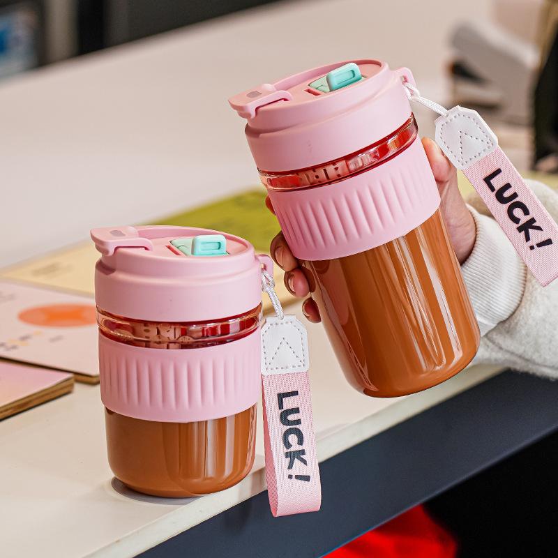 Water bottleTritan Plastic Double Drink Coffee Cup Outdoor Portable Rope Student Tea Separation Straw Cup Portable