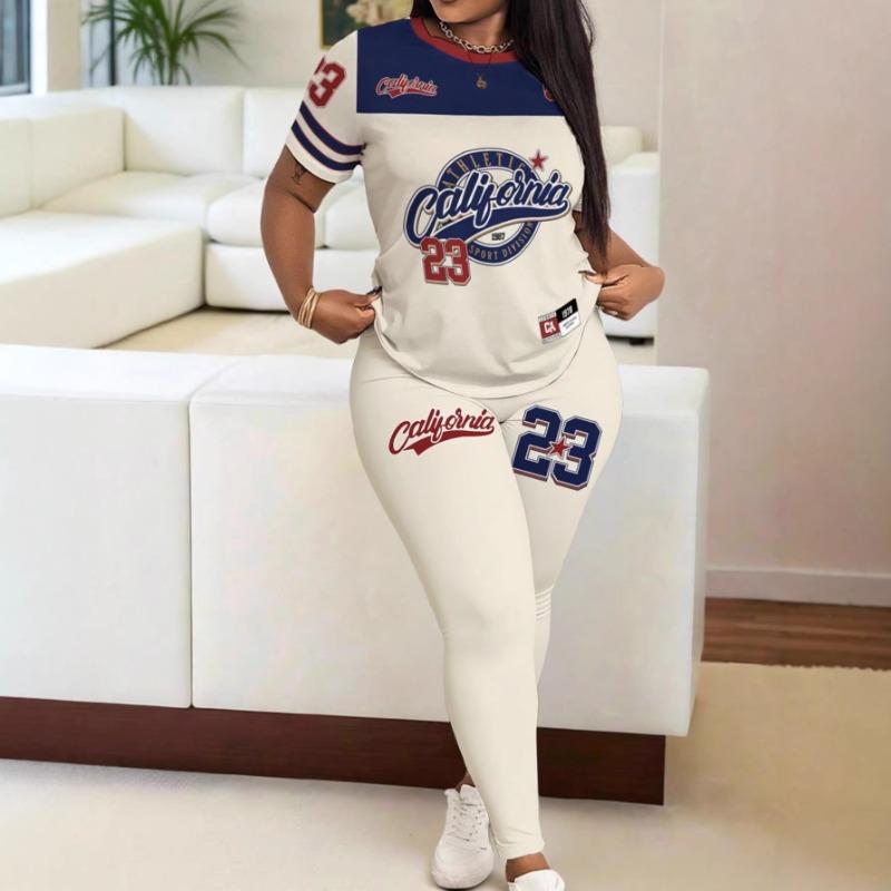 Women's 2-Piece Shirts & Long Pants Set Short Sleeve Printed T-Shirts Sport Pants