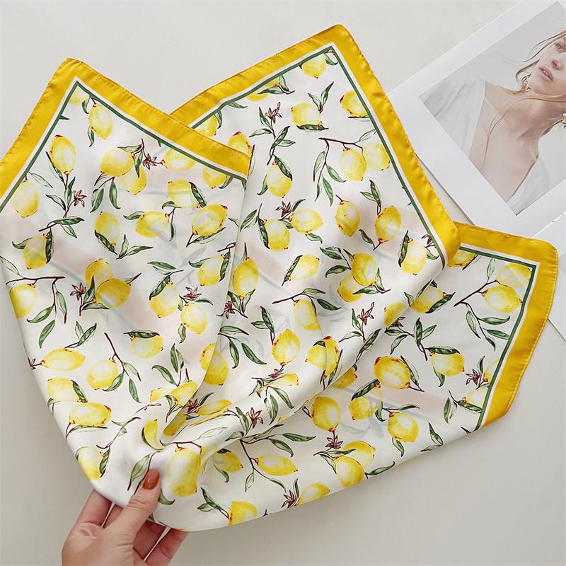 70cm Square Lemon Print Yellow Square Silk Scarf Casual Elegant Thin Breathable Neck Women Windproof Head Wrap Hair Scarves