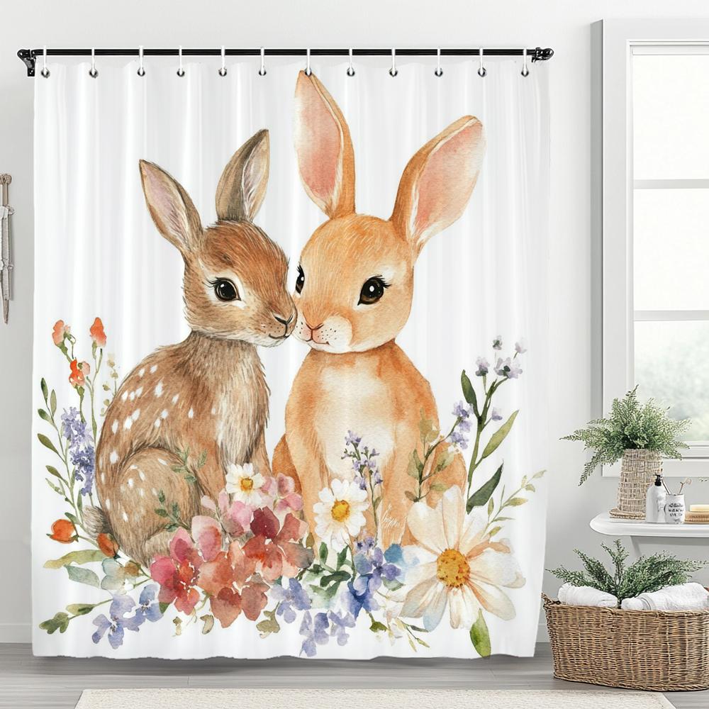 Easter Bunny Shower Curtain, Rustic, Cute, Eggs, Flowers Bathroom Decorative Curtain, Printed Fabric Shower Curtain With Hooks