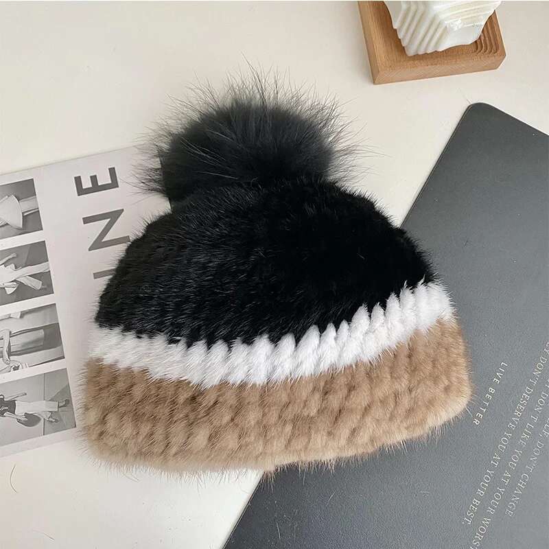 

Mink Fur Hat Women Winter Real Mink Fur Ear Protected Hat With Fox Fur Ball Female Knitted Fur Caps Outdoor Natural Fur Caps One Size хаки