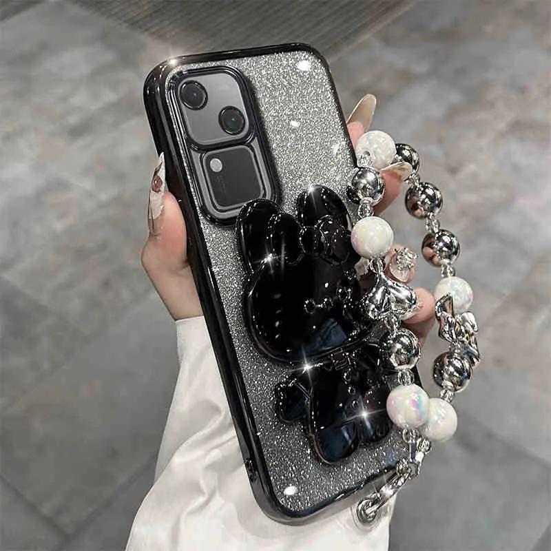 

Милый чехол-подставка для макияжного зеркала с кроликом для Vivo V50 Pro V40 Lite V30 V29 V25 E Iqoo Z9 Роскошный защитный чехол-браслет For VIVO V25E чёрный