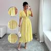Spring Summer Elegant Midi Dress Deep V Neck Puff Short Sleeve Smocked High Waist Button Front A-Line Flowy Casual Daily Party Date Sundress