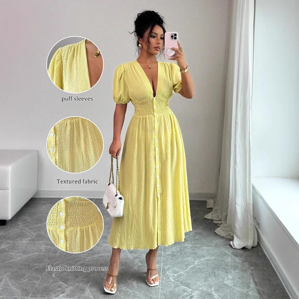 Spring Summer Elegant Midi Dress Deep V Neck Puff Short Sleeve Smocked High Waist Button Front A-Line Flowy Casual Daily Party Date Sundress
