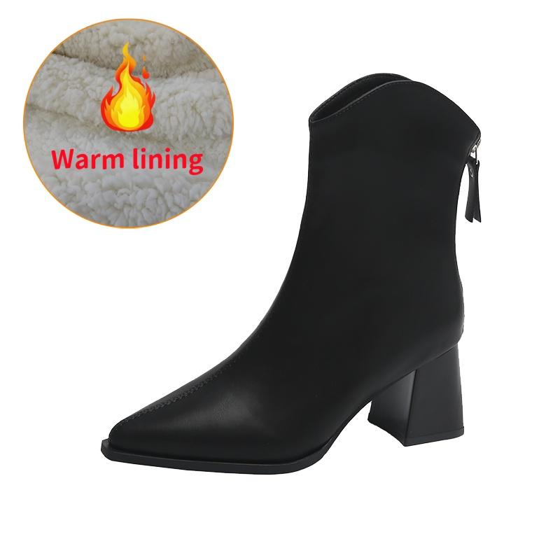 Зимние женские короткие сапоги плюшевые с острым носком на высоком каблуке белые женские — фото 11