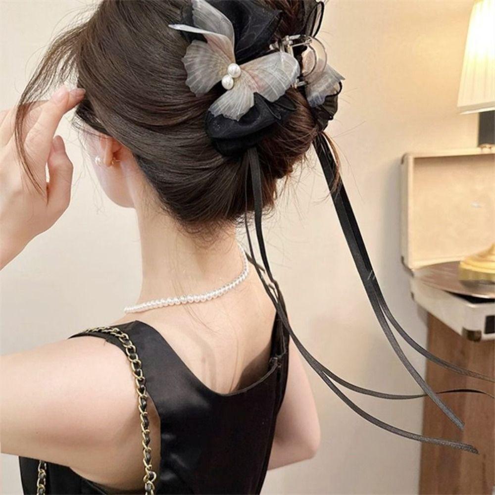 

Заколка для волос с бантом и кисточкой, акриловая большая заколка для волос, симпатичная заколка для волос в виде бабочки, женская серый