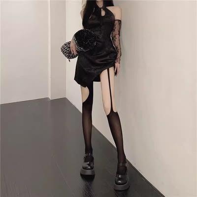 Collant déchiré fin irrégulier creux jarretières bas noirs jk coutures asymétriques babes chaussettes en résille sexy