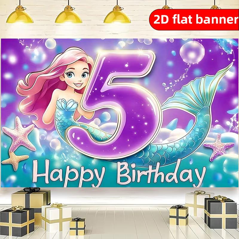 2D background cloth 1pc5 year old ocean mermaid themed birthday party background cloth polyester background decoration banner 100x150cm