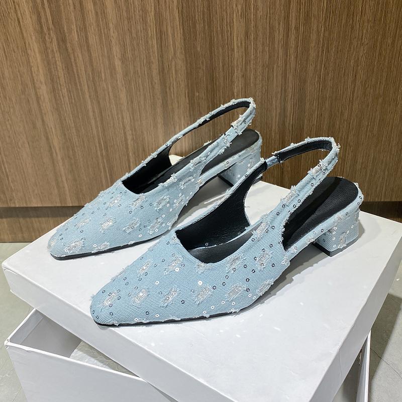 Fashion Spring New Baotou Sandals for Women Fashion Pointe Shallow Mouth Sequin Cloth Slip-on Anti-slip and Wear-resistant Heel Shoes
