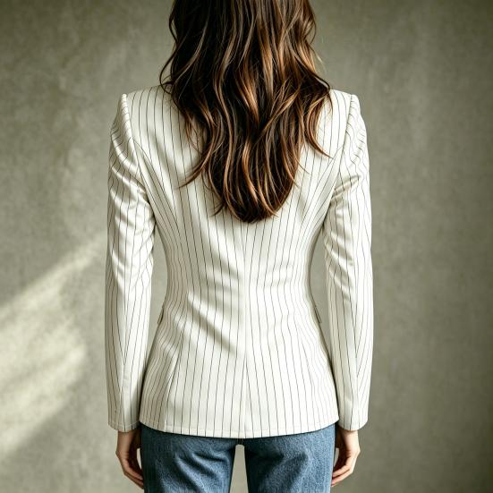 Lady Casual Jacket Women Stand Collar Striped Blazer, Slim Fit Single-Breasted Blazer Blouse Top, Office Business Outerwear Top