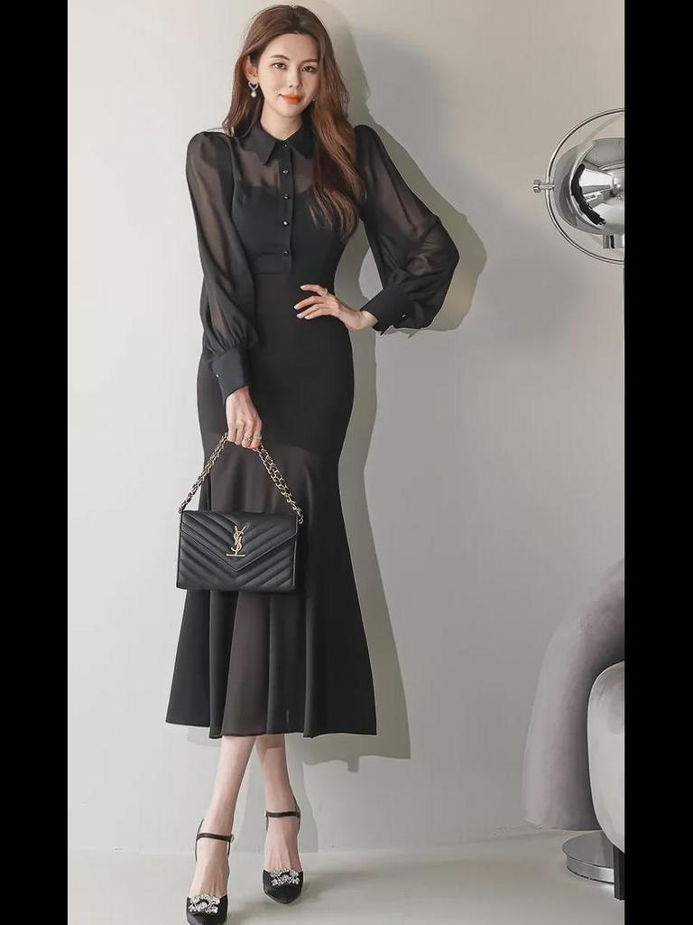 Korean Style Women's Autumn 2023 Slim Fit Ruffle Hem Dress