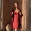 Women's Nightgown Autumn Solid Color Satin Lace Red Bathrobe Simple and Comfortable Lace-up V-Neck Sexy Elegant Nightgown