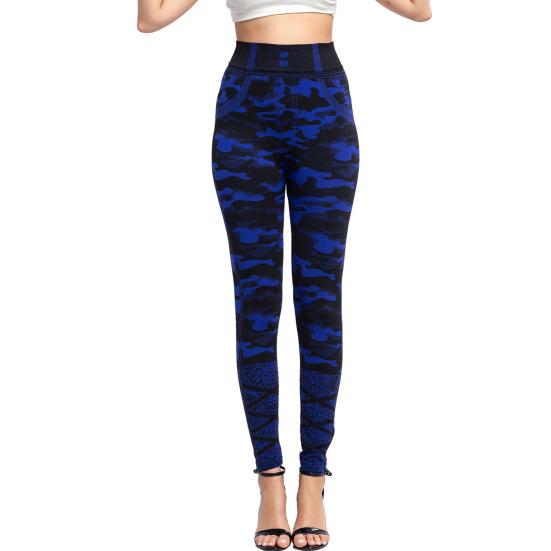 

Women Leggings High Waist Camouflage Print Stretch Slim Breathable Slimming Pockets Ankle Length Women Ninth Trousers Women Garment L синій