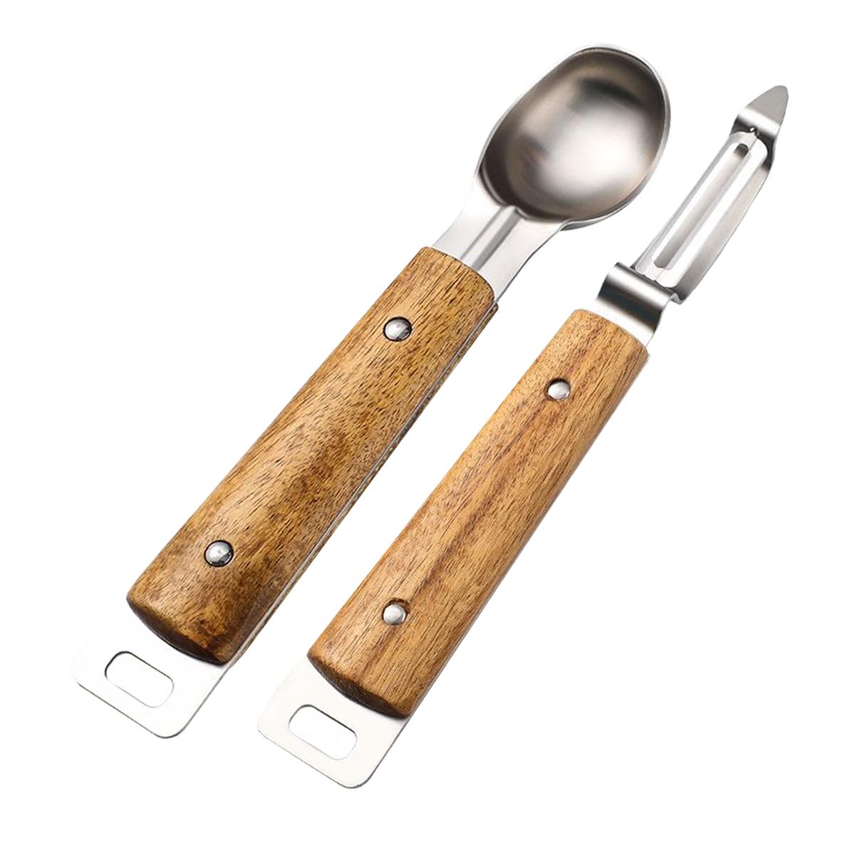 

Набор из ложки для мороженого Leeseph из нержавеющей стали и ножа для чистки овощей в форме буквы I с деревянной ручкой, набор кухонных приспособлений для фруктового мороженого