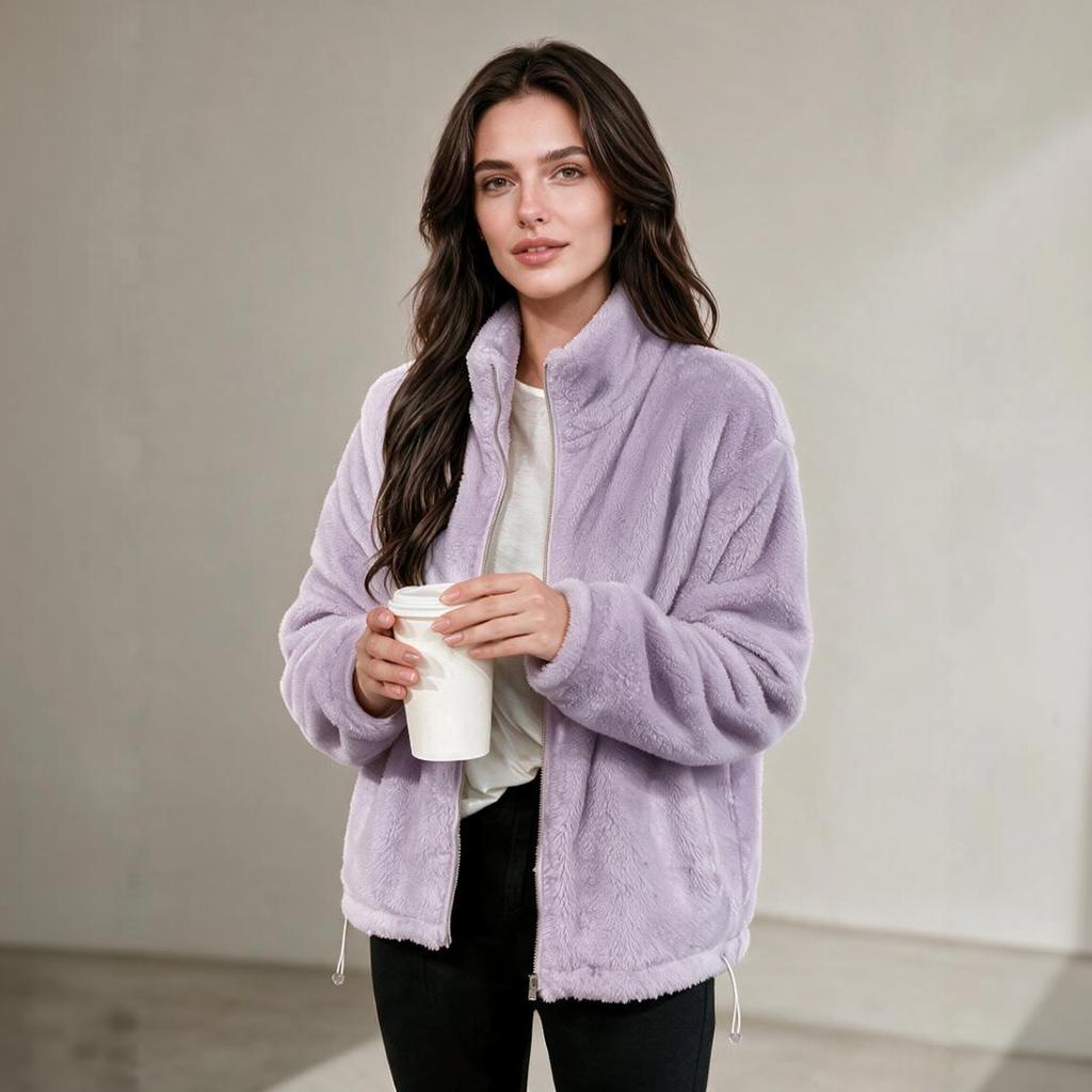 Women's Color Stand Collar Double-Sided Plush Jacket with Hem