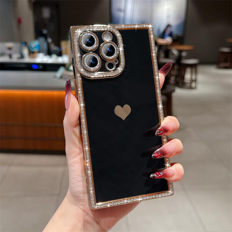 Luxury Diamond Glitter Love Heart Phone Case For iPhone 13 14 15 16 Pro Max Plus Fashion Plating Soft Shockproof Bumper Cover