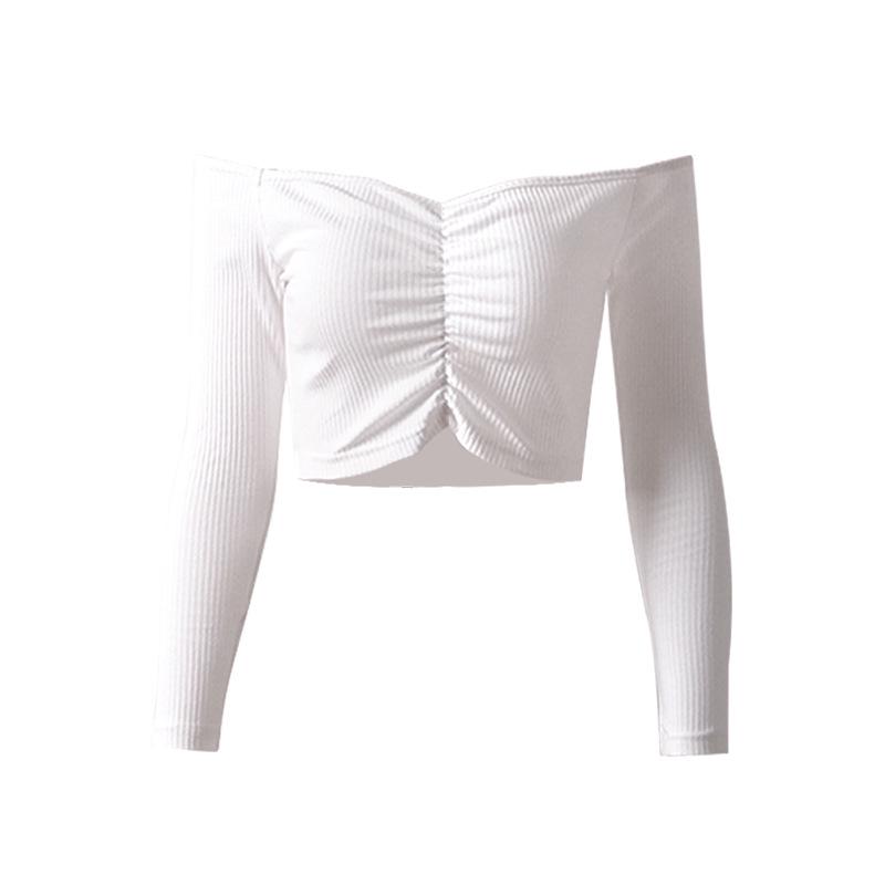 European and American women's clothing bottoming shirt slim-fitting open-navel long-sleeved t-shirt women's design sense one-word shoulder top women's