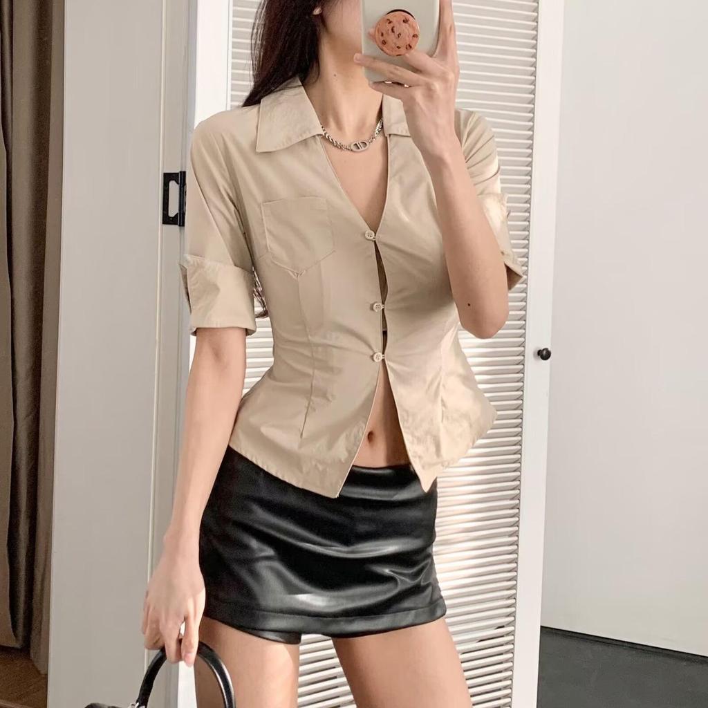 White V-Neck Slim-Fit Women's Sexy Short-Sleeved Shirt