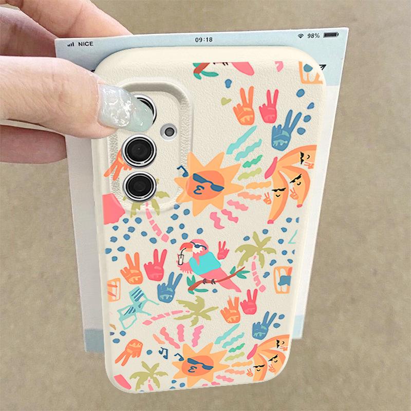 Colorful Cartoon Pattern Case For Samsung Galaxy S25 Edge S24 Ultra S23 S22 Plus S21 FE S26 Ultra Leather Texture Silicone Cover