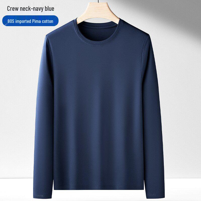 Men's 175g Pima Cotton Long-Sleeved Crew Neck T-Shirt, Solid Color, 80 Count, Versatile Casual Base Layer