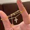 Fashionable Gold Color Women's Cross Chain Bracelet for Girls, Shining with Zircon Inlay, Double-layer Adjustable Charm Bracelet