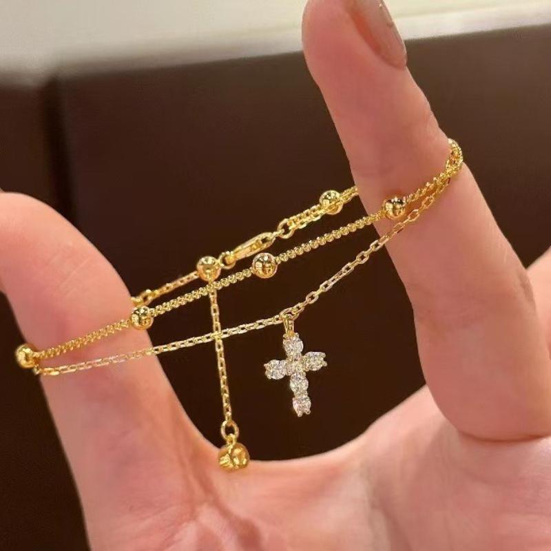 Fashionable Gold Color Women's Cross Chain Bracelet for Girls, Shining with Zircon Inlay, Double-layer Adjustable Charm Bracelet