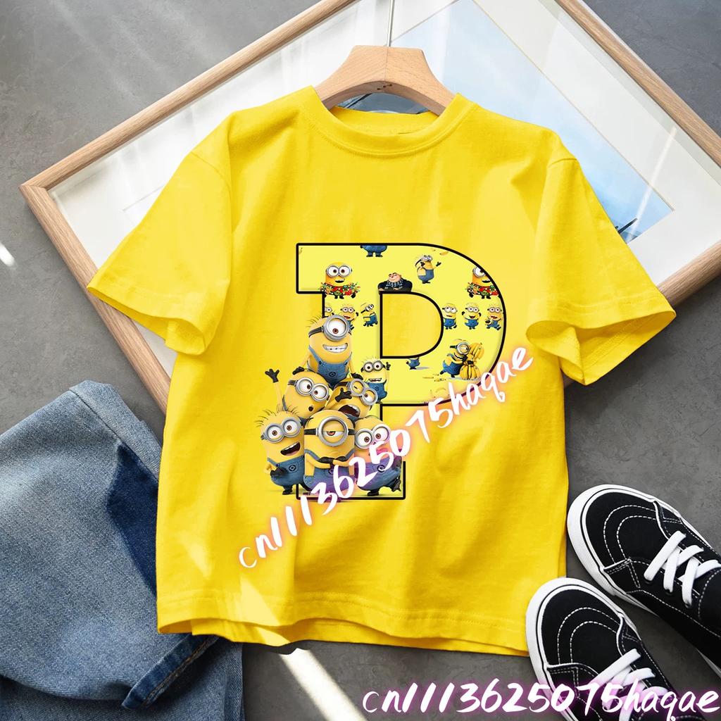 2026 Minions Letters AZ Tshirt Female Funny 26 Capital Print Tshirt Gothic Kawaii Neck Tops Summer Kawaii Gift Tops Boys