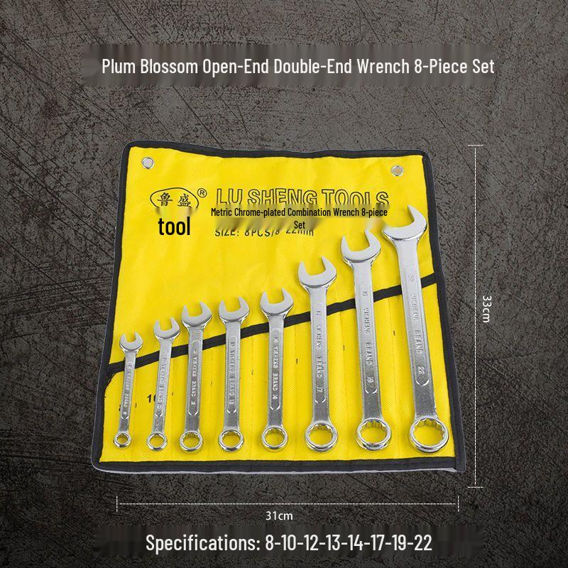 14-Piece Plum Blossom Open-End Double Wrench Set with Hanging Bag