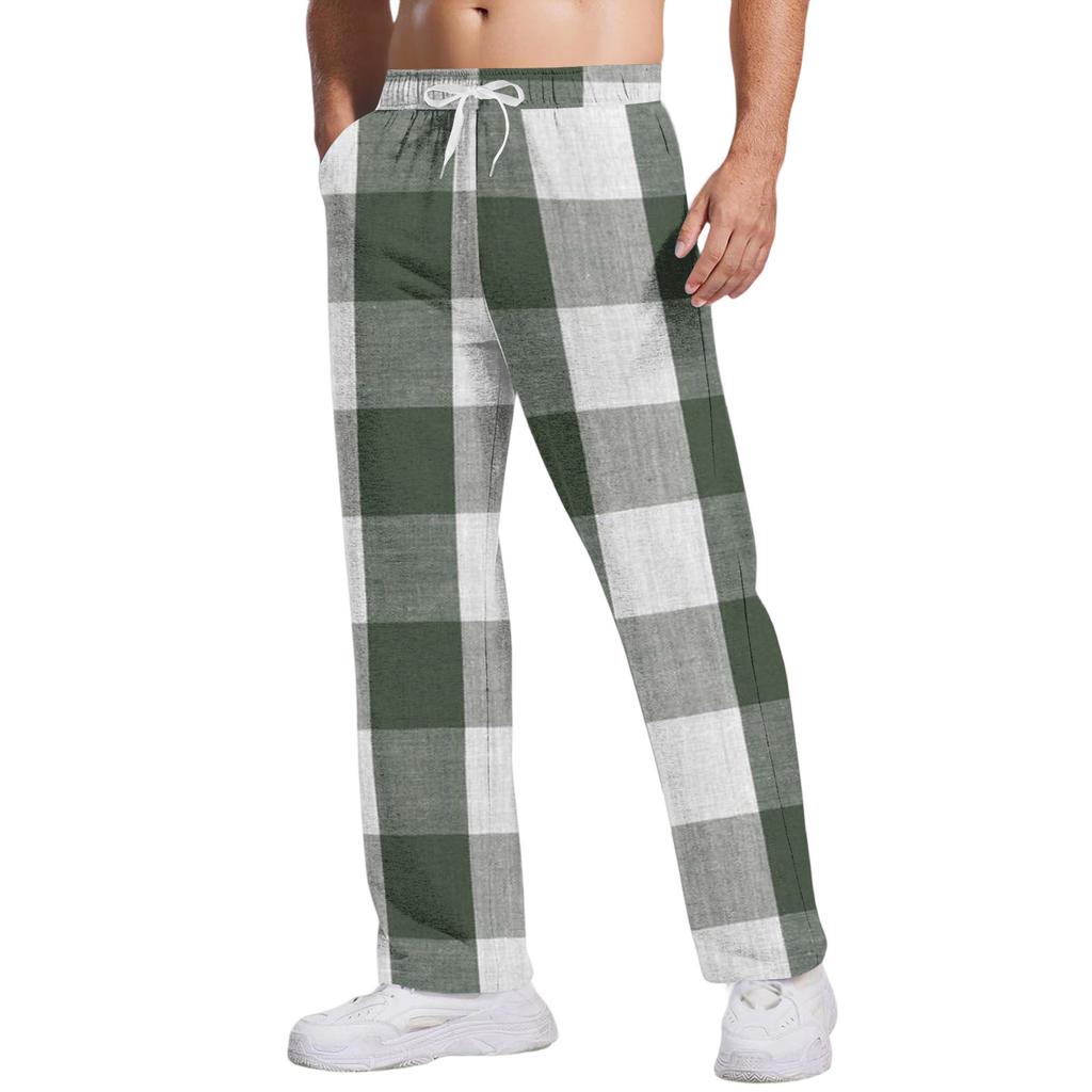 Men's Casual Pants With Pockets | Stripe Checkered Printed, Loose Straight Leg, Elastic Waist With Drawstring For Daily & Casual Wear