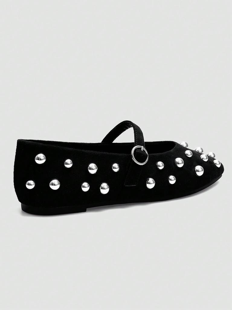 Black Mary Jane Flats, Silver Rivet Decor One-Strap Buckle, Retro Elegant Shoes
