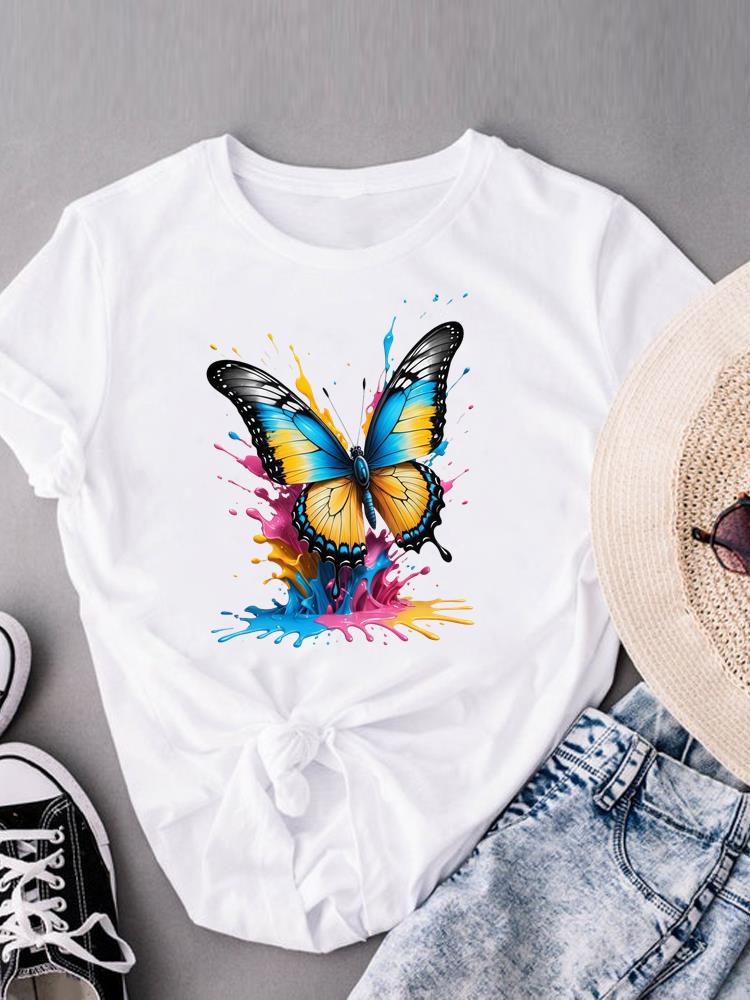 (Asian Size) Watercolor Butterfly Trend Print Casual Top O-neck Short Sleeve T-shirts T Graphic Tee Fashion Female Women's Clothing