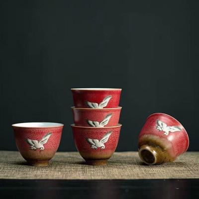 1 Pc Chinese Red Ceramic Tea Cup Coaster Handmade Flying Crane Teacup Mat Household Tea Bowl Master Cup Tea Set Accessories