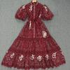 Lace Stand Collar Embroidered Patchwork Puff Sleeve Dress